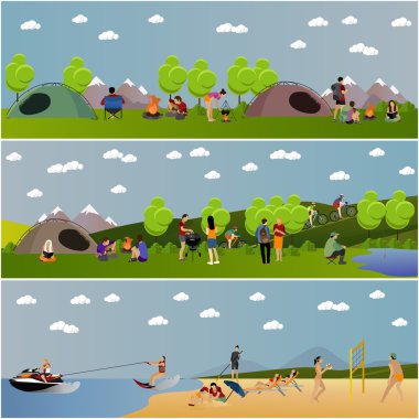 Vektör set yaz eğlence kavramının içinde düz stil afiş