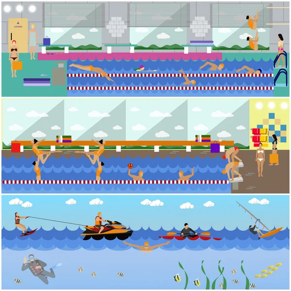 Horizontal vector banners with swimming pool interior. Water sport concept. People training and exercising. — Stock Vector