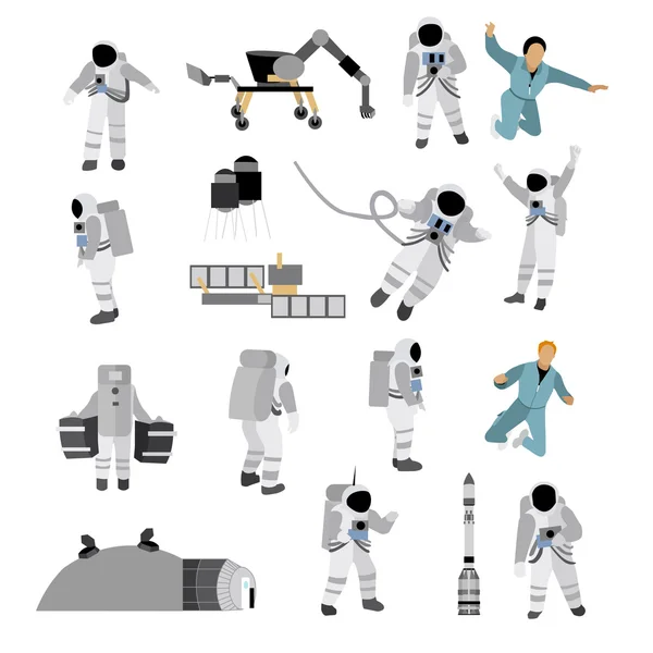 Vector set of space icons in flat style isolated on white background. Astronauts, suit, moon station, rocket, rover — Stock Vector
