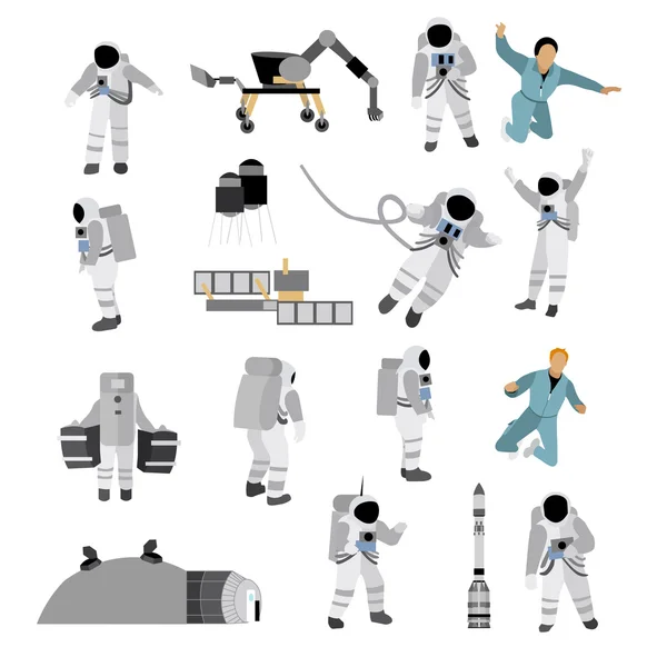 Beyaz arka plan üzerinde izole düz stil alanı simgeler vektör kümesi. Astronotlar, takım elbise, moon istasyonu, roket, rover