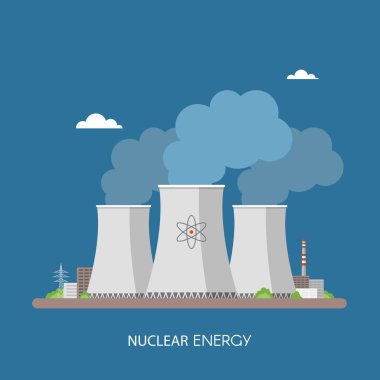 Nükleer santral ve fabrika. Enerji sanayi kavramı. Vektör çizim düz tarzı. Elektrik istasyonu arka plan