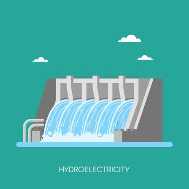 Hydro power plant and factory. Energy industrial concept. Vector illustration in flat style. Hydroelectric station background. clipart