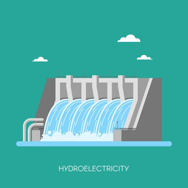 Hydro power plant and factory. Energy industrial concept. Vector illustration in flat style. Hydroelectric station background. — Stock Vector