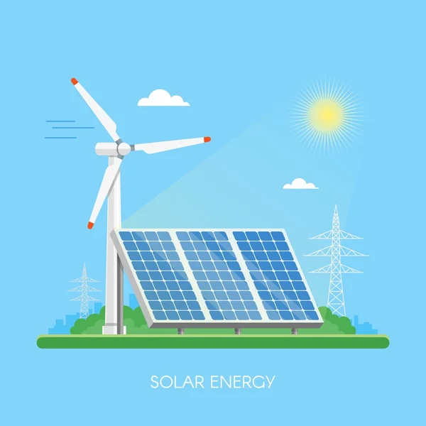 Güneş panelleri tesis ve fabrika güç. Yeşil enerji sanayi kavramı. Vektör çizim düz tarzı. Elektrik istasyonu arka plan.