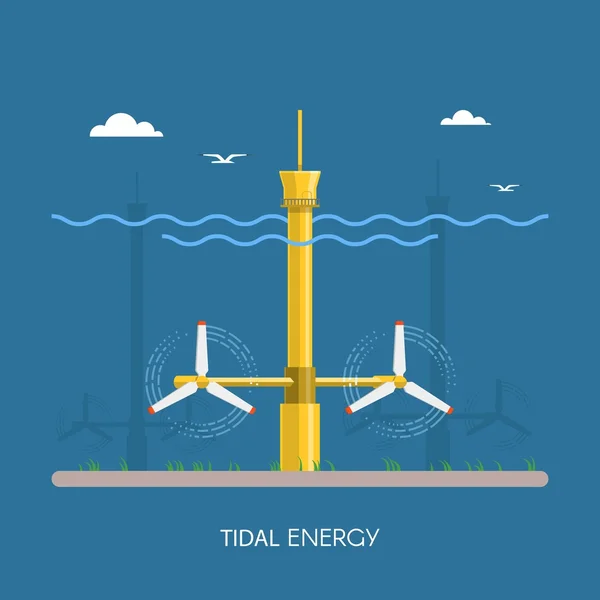 Gezeitenkraftwerk und Fabrik. Wasserturbinen. Industriekonzept für grüne Energie. Vektorillustration im flachen Stil. Hintergrund des Kraftwerks. — Stockvektor