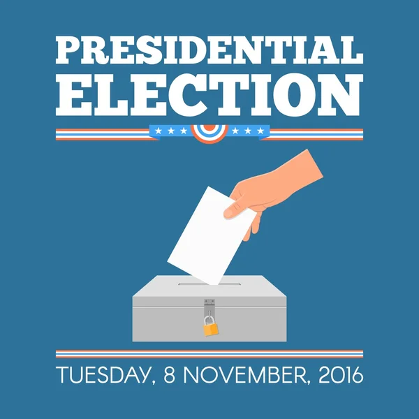 US-Präsidentschaftswahltag Konzeptvektorillustration. Hand legt Stimmzettel in die Wahlurne. — Stockvektor