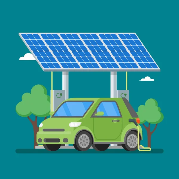 Elektrische auto opladen op het station van de lader voor zonnepanelen. Vector illustratie vlakke stijl. — Stockvector