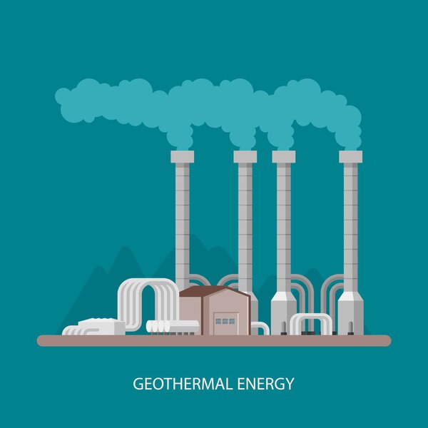 Geothermal power plant and factory. Energy industrial concept. Vector illustration in flat style. Electricity station background.