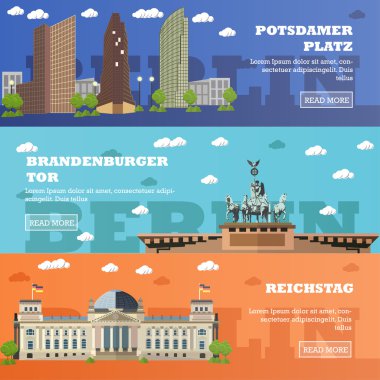 Berlin turizm Simgesel Yapı afiş. Alman ünlü binaları ile vektör çizim.
