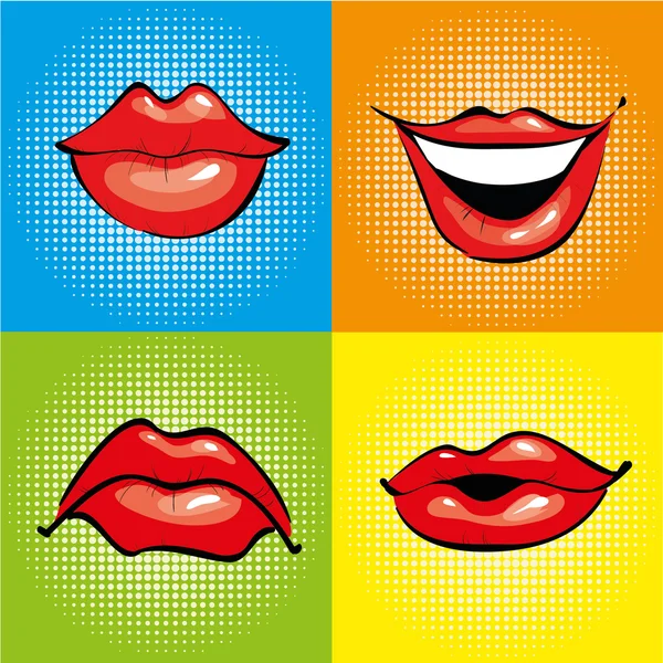 Boca con labios rojos en estilo retro pop art. Iconos de ilustración vectorial y diseño de cómics — Vector de stock