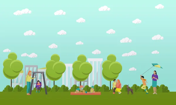 Banner de concepto de familia en parque. La gente pasa tiempo con niños y amigos. Ilustración vectorial en diseño de estilo plano — Vector de stock