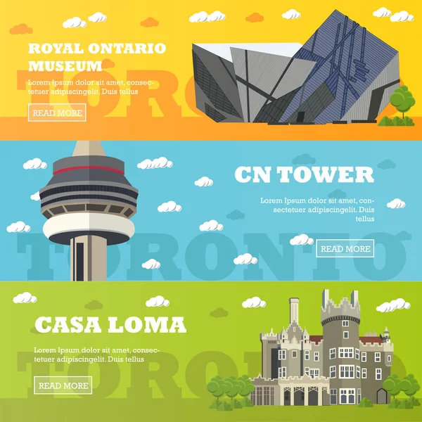 Bandeiras turísticas de Toronto. Ilustração vetorial com edifícios famosos do Canadá — Vetor de Stock