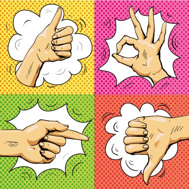El retro pop sanat tarzı imzalar. Karikatür komik vektör ayarlayın. Parmak, ok işareti, başparmak yukarı dönük.