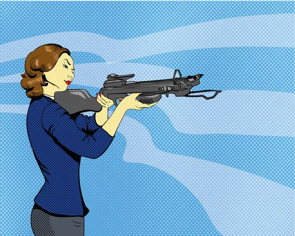 Mujer con arbalest. Ilustración vectorial en cómics estilo retro pop art — Vector de stock