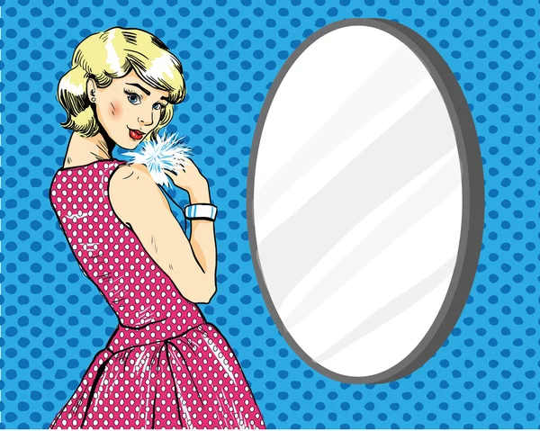 Hermosa mujer frente al espejo. Ilustración vectorial en cómics estilo retro pop art — Vector de stock