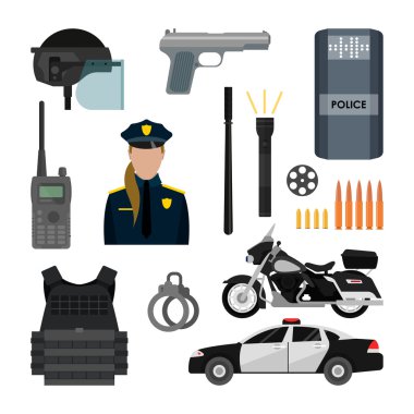 Polis nesneleri ve beyaz arka plan üzerinde izole ekipman vektör kümesi. Tasarım öğeleri, simgeler.