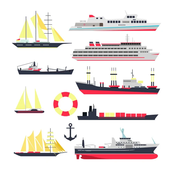 Векторный набор морских кораблей, лодок и яхт, изолированных на белом фоне. Элементы дизайна морского транспорта, иконы в плоском стиле . — стоковый вектор