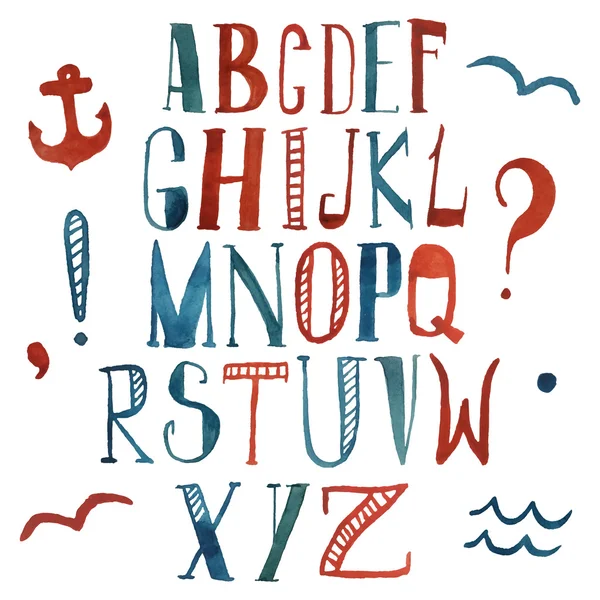 Vektör suluboya alfabe deniz tarzı. Renkli harfler. Elle çizilmiş yazı tipi — Stok Vektör