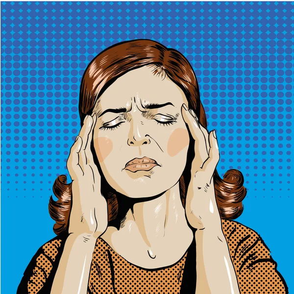Žena ve stresu má bolest hlavy. Vektorové ilustrace pop art komické stylu retro. — Stockový vektor