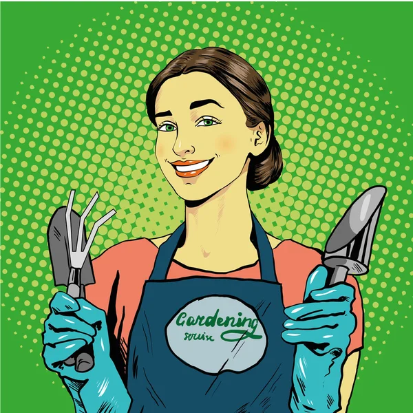 Woman with garden tools. Vector illustration in retro comic pop art style — Stock Vector