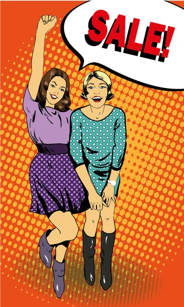 Donne con la bolla discorso di vendita. Illustrazione vettoriale in stile pop art a fumetti. Offerte speciali poster pubblicitario. Donna shopping — Vettoriale Stock