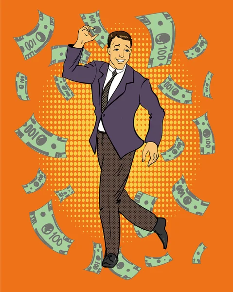 Hombre bailando con dinero volando por ahí. Ilustración vectorial en estilo retro cómic pop art. Concepto de éxito empresarial y financiero — Vector de stock