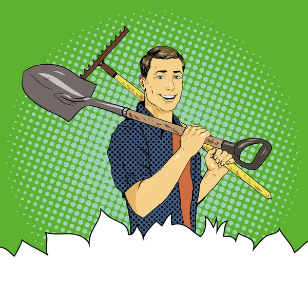 Man with garden tools. Vector illustration in retro comic pop art style — Stock Vector