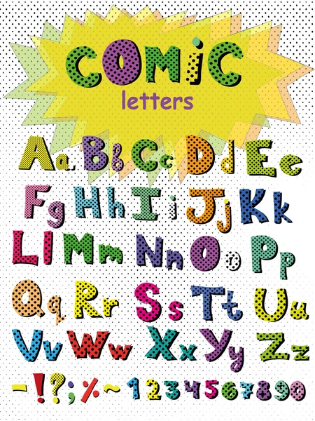 Çizgi roman tarzında alfabe. Vektör renkli harfler. Elle çizilmiş yazı tipi — Stok Vektör