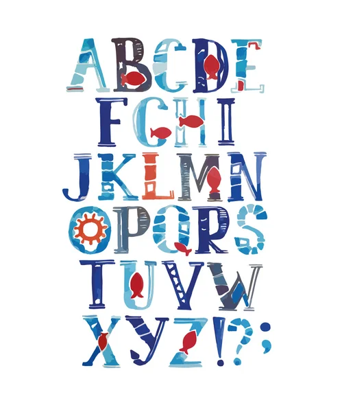 マリンスタイルの水彩アルファベット。カラフルな文字を持つベクトル。手描きフォント — ストックベクタ