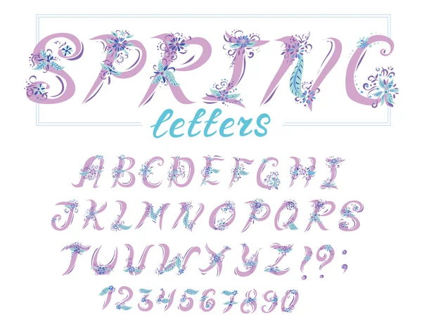 Alfabetet i vårstil med blommor. Vektor färgglada bokstäver. Handritat typsnitt — Stock vektor