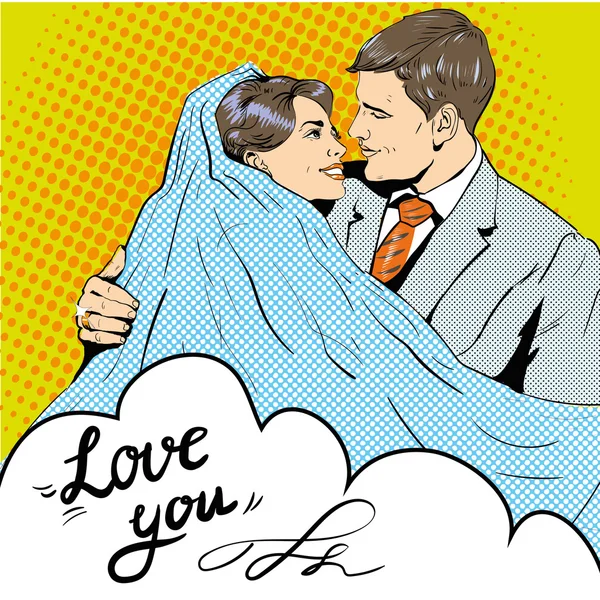 Noiva e noivo a beijarem-se. Ilustração vetorial em estilo pop art retro. Amor, relacionamentos —  Vetores de Stock