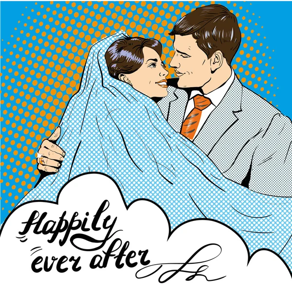 Ο γαμπρός φιλάει τη νύφη. Απεικόνιση διανύσματος σε ρετρό στυλ Pop Art. Αγάπη, σχέσεις. Ευτυχώς ποτέ και μετά. — Διανυσματικό Αρχείο