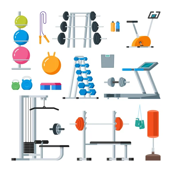 Fitness en training oefening in de gym. Vector set pictogrammen vlakke stijl geïsoleerd op witte achtergrond. — Stockvector