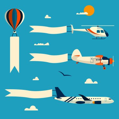 Vektör uçan balon, helikopter, uçak ve reklam afiş ile retro çift kanatlı ayarlayın. Metin için şablon.