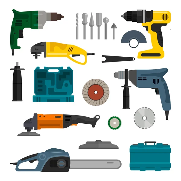 Conjunto vectorial de herramientas eléctricas eléctricas. Equipos de trabajo de reparación y construcción . — Archivo Imágenes Vectoriales