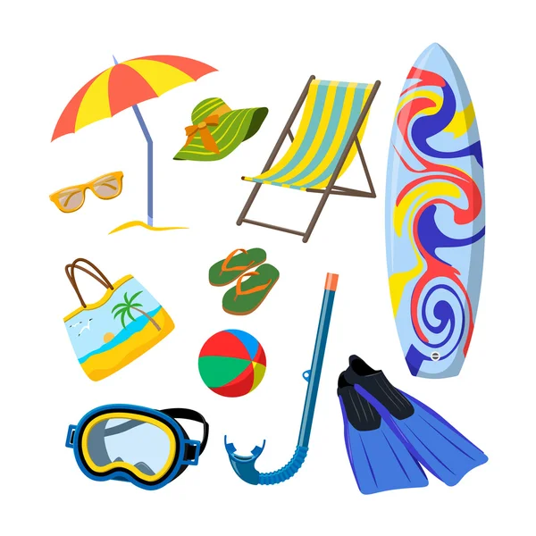 Conjunto vectorial de objetos de verano aislados sobre fondo blanco. Playa concepto de vacaciones . — Vector de stock