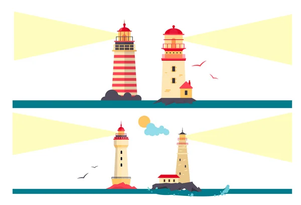 Vector set of lighthouses. Cartoon lighthouse with light beams. Design elements and icons in flat style isolated — Stock Vector