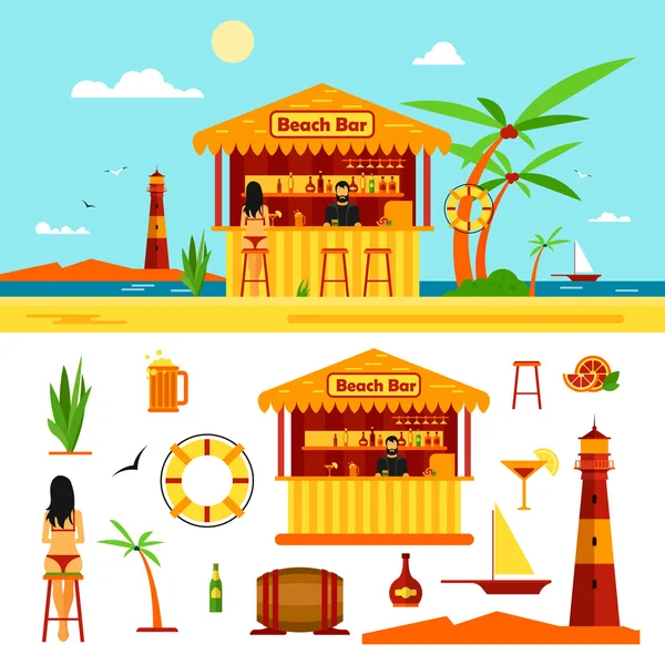 La mujer en bikini se sienta en el bar en la playa. Concepto vacaciones de verano. Ilustración vectorial en estilo plano. Elementos e iconos de diseño — Vector de stock