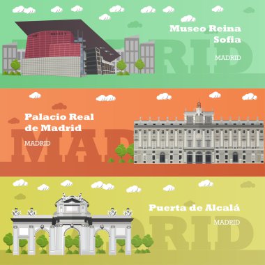 Madrid turistik dönüm noktası afiş. İspanya ünlü binaları ile Vektör illüstrasyon. Seyahat konsepti