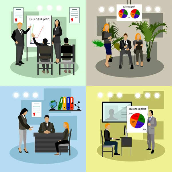 Conjunto vectorial de presentaciones de negocios y pancartas de reuniones. Personas de diseño plano o trabajadores de oficina . — Vector de stock