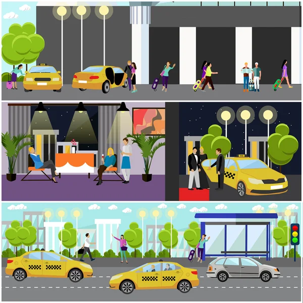 Conjunto vetorial de banners de conceito de empresa de serviços de táxi. As pessoas pegam carro em uma rua . — Vetor de Stock