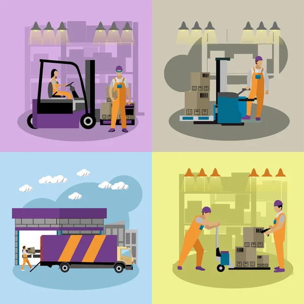 Logistic and delivery service concept banners. Warehouse workers. Vector illustration in flat style design. — Stock Vector