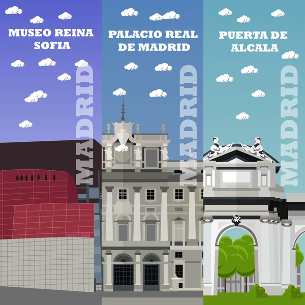 Bandeiras turísticas de Madrid. Ilustração vetorial com edifícios famosos da Espanha. Conceito de viagem — Vetor de Stock