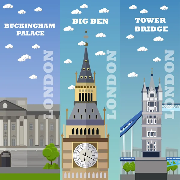 Banderas turísticas de Londres. Ilustración vectorial con edificios famosos de Inglaterra . — Archivo Imágenes Vectoriales