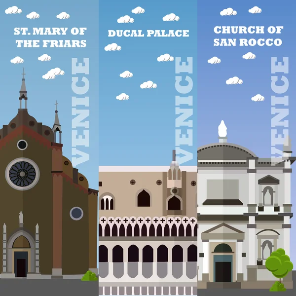 Venice tourist landmark banners. Vector illustration with Italian famous buildings. Travel concept. — Stock Vector