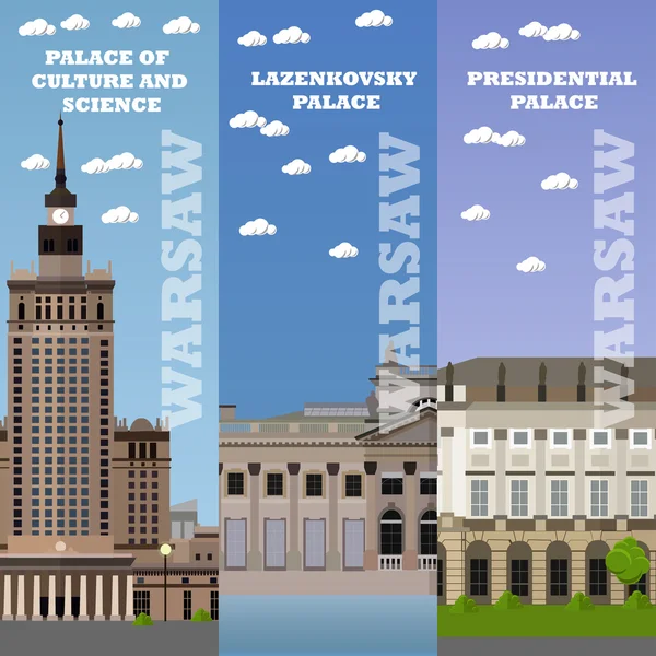 Bandiere turistiche di Varsavia. Illustrazione vettoriale con edifici famosi in Polonia. Concetto di viaggio . — Vettoriale Stock