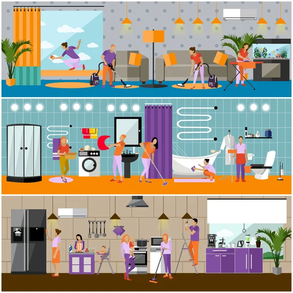 Conjunto vectorial de banners de concepto de servicio de limpieza. Apartamento interior. Equipo de la empresa de limpieza en el trabajo . — Vector de stock