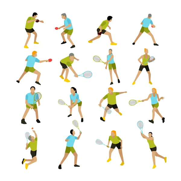 Vectorset van mensen die tennissen, Tafeltennis en badminton spelen. Professionele spelers op de baan. — Stockvector