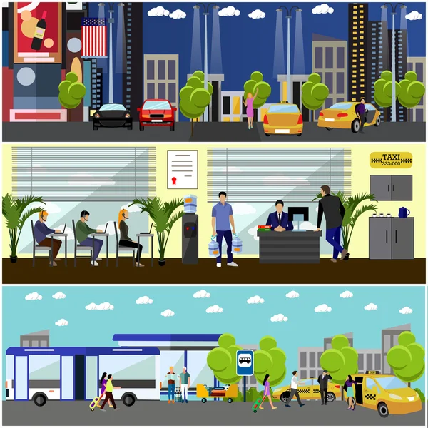 Conjunto vectorial de banners de concepto de empresa de servicio de taxi. La gente coge un taxi en una calle. Centro de llamadas — Archivo Imágenes Vectoriales