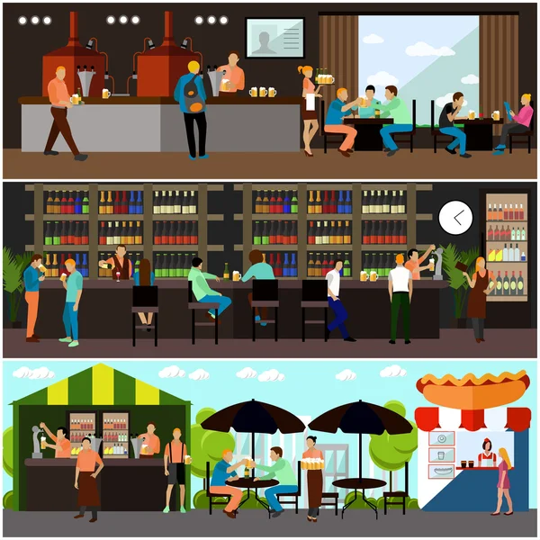 Векторный набор баннеров интерьера пивоварни и пивного ресторана. Посетители пьют в баре . — стоковый вектор
